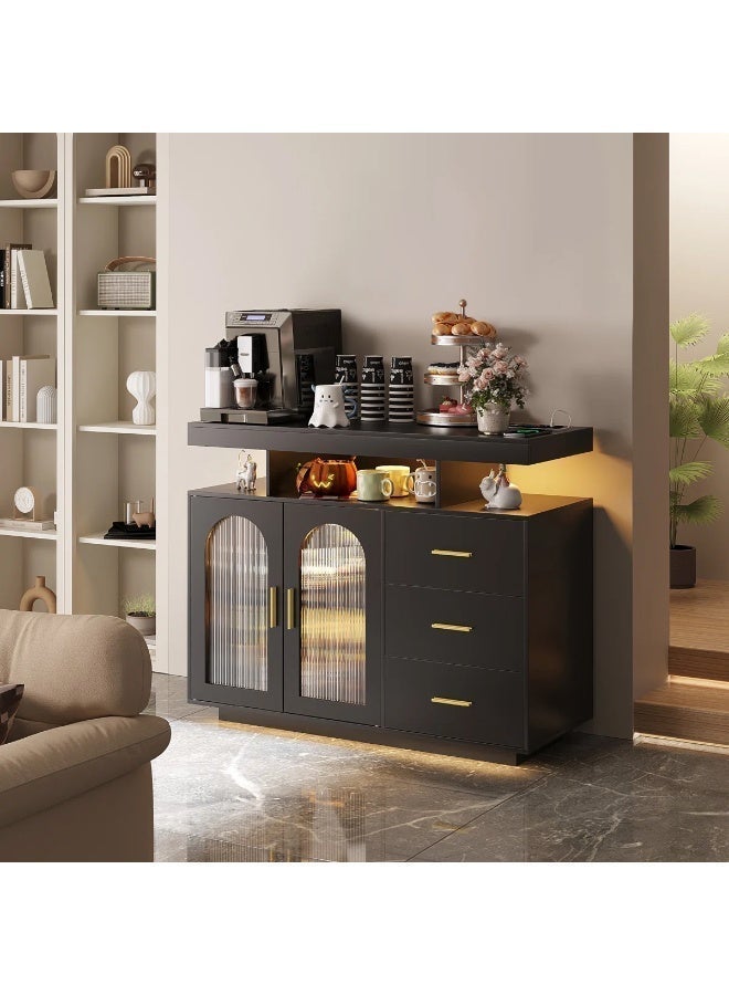 Eleva Home Sideboard Buffet Cabinet with Storage, 3 Drawers, 2 Doors, Auto-Sensor 20 Color Lights Console Table with Charging Station, Touch Control Console Coffee Bar Table for Kitchen, Dinning (Black) - Image 3